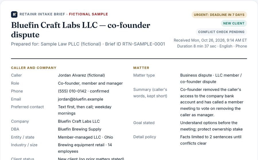 Sample Retainr intake brief for a fictional LLC member dispute, showing caller details, matter summary, and urgency tags